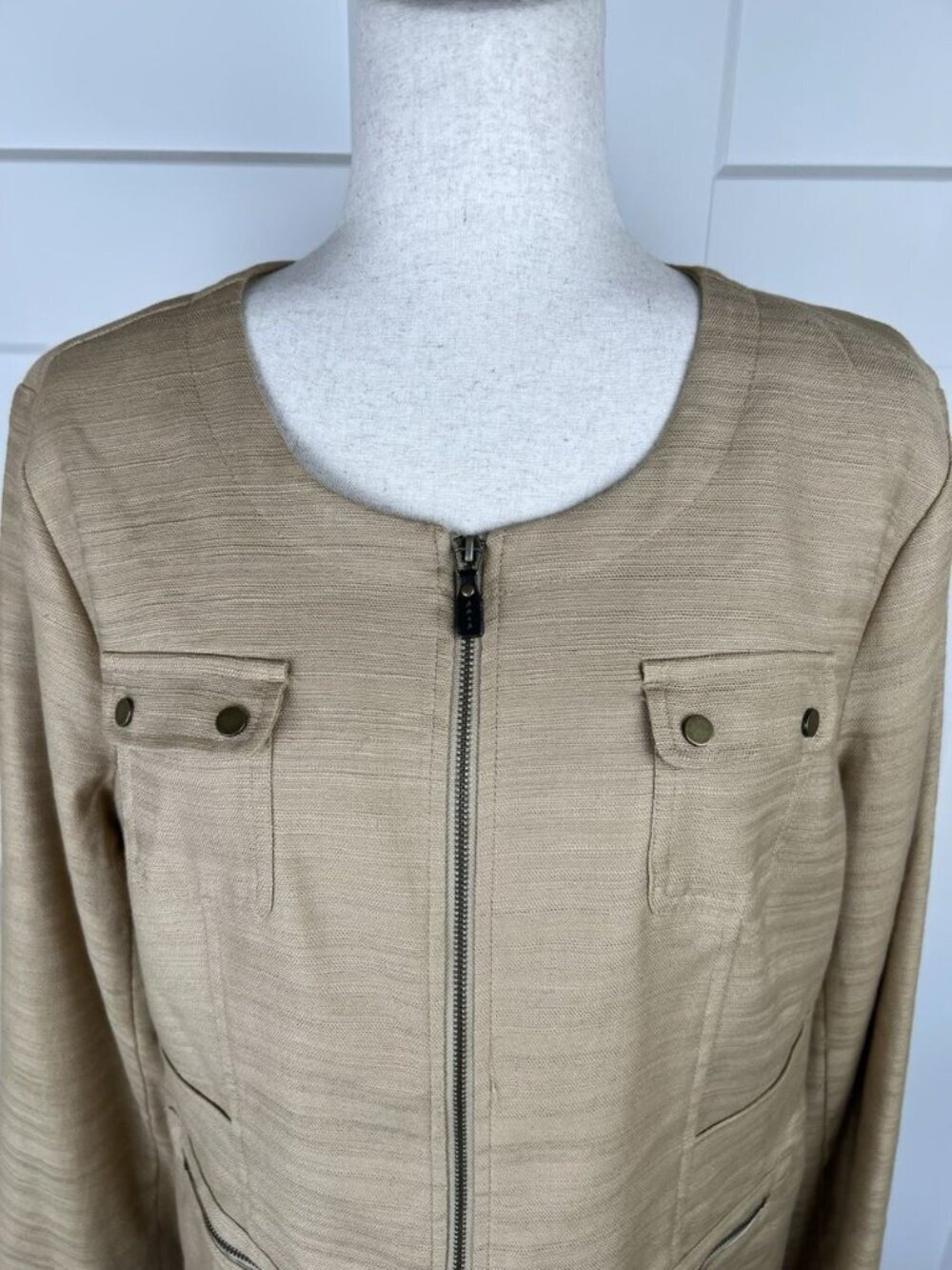 Dana Buchman Jacket Womens 16 Maize Cotton Linen Zip Utility Safari Lined - Picture 3 of 9